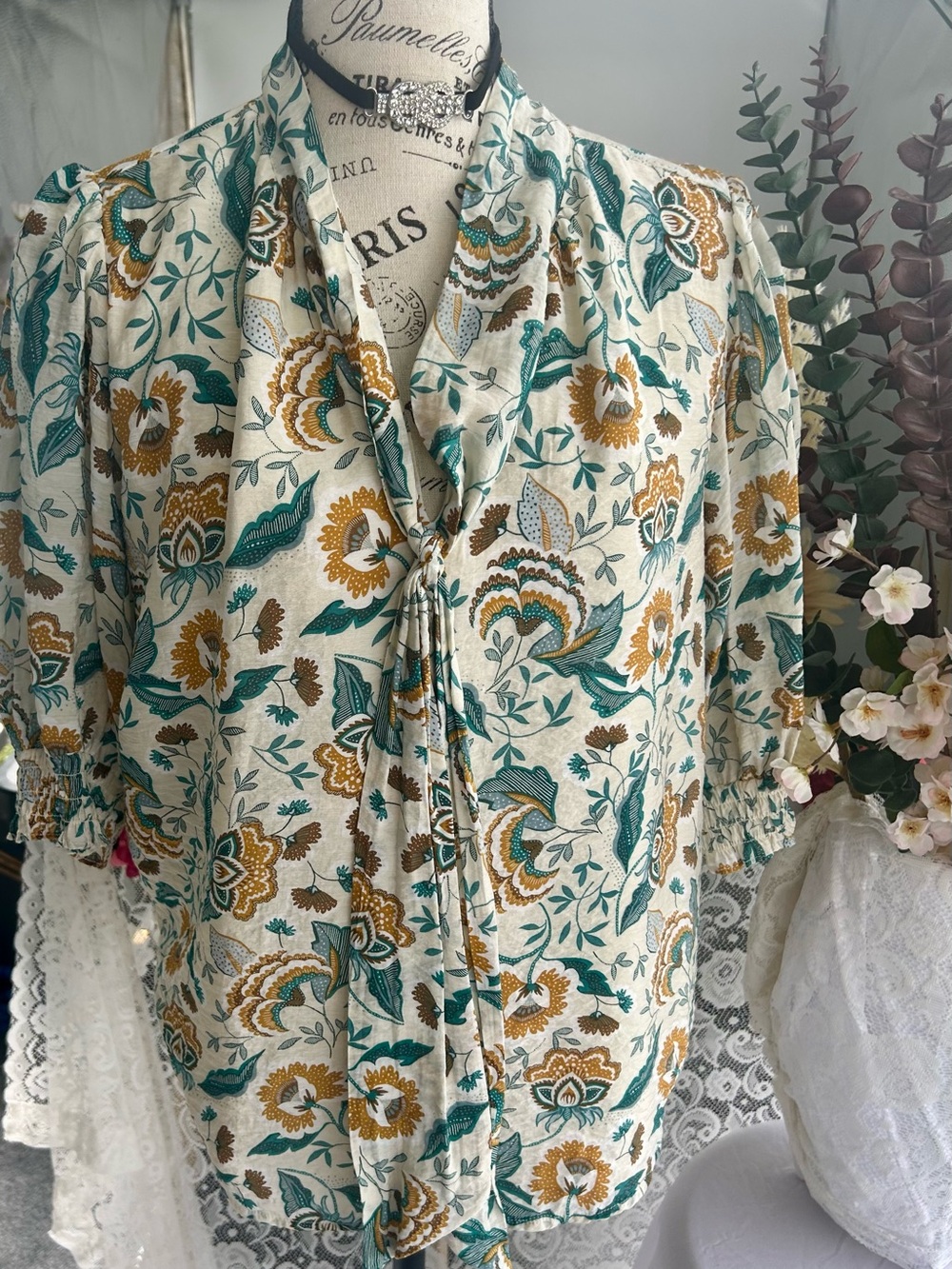 Quiet luxury oldmoney Floral Tie-Neck Blouse in Teal & Mustard - Women's Top